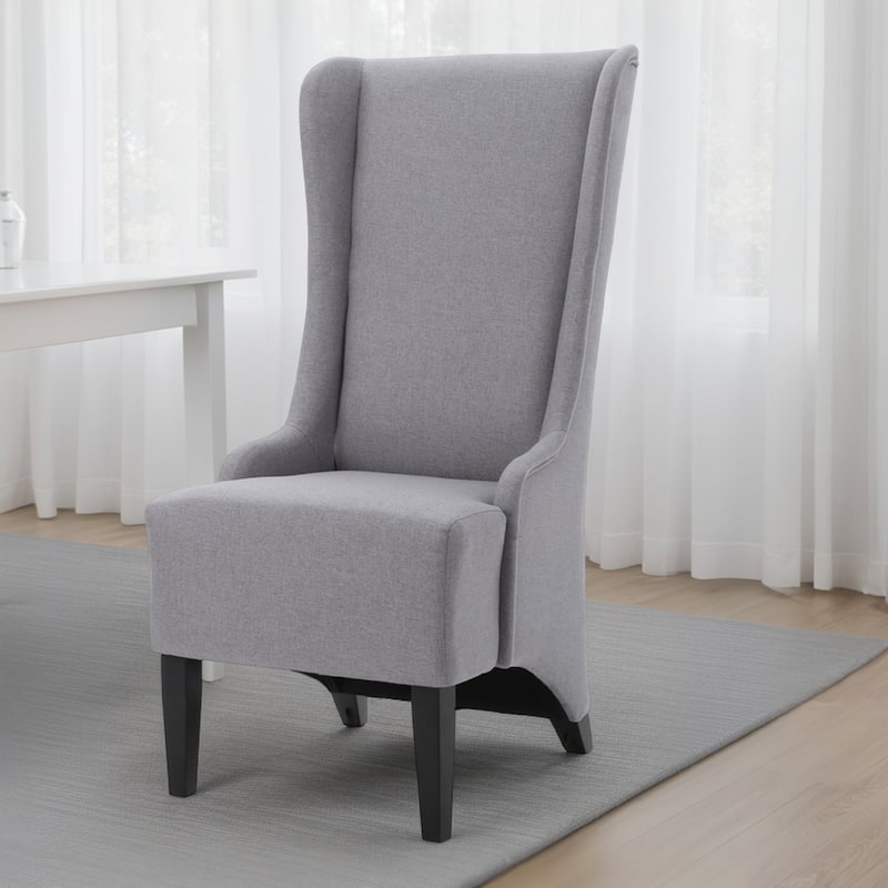 Becca Dining Chair, High Wingback Brown Birch Wood, Light Gray Fabric