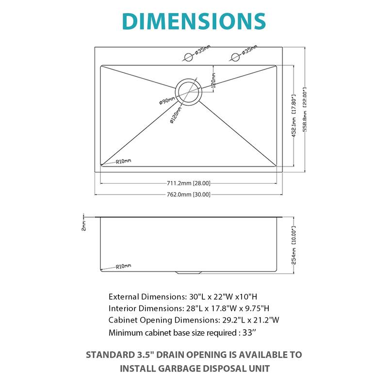 30" Drop-in 16 Gauge Single Bowl Stainless Steel Kitchen Sink in Gunmetal Black - 30'' x 22'' x 10''