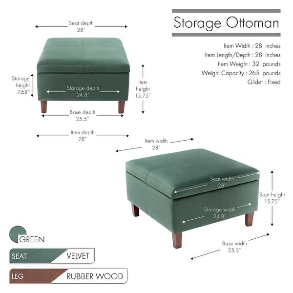dimension image slide 0 of 2, Porthos Home Janis Velvet Square Storage Ottoman with Rubberwood Legs