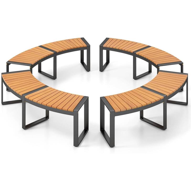 Natural Black Acacia Wood Metal Curved Backless Outdoor Garden Bench - 23"D x 57.5"W x 18"H - 4 Piece
