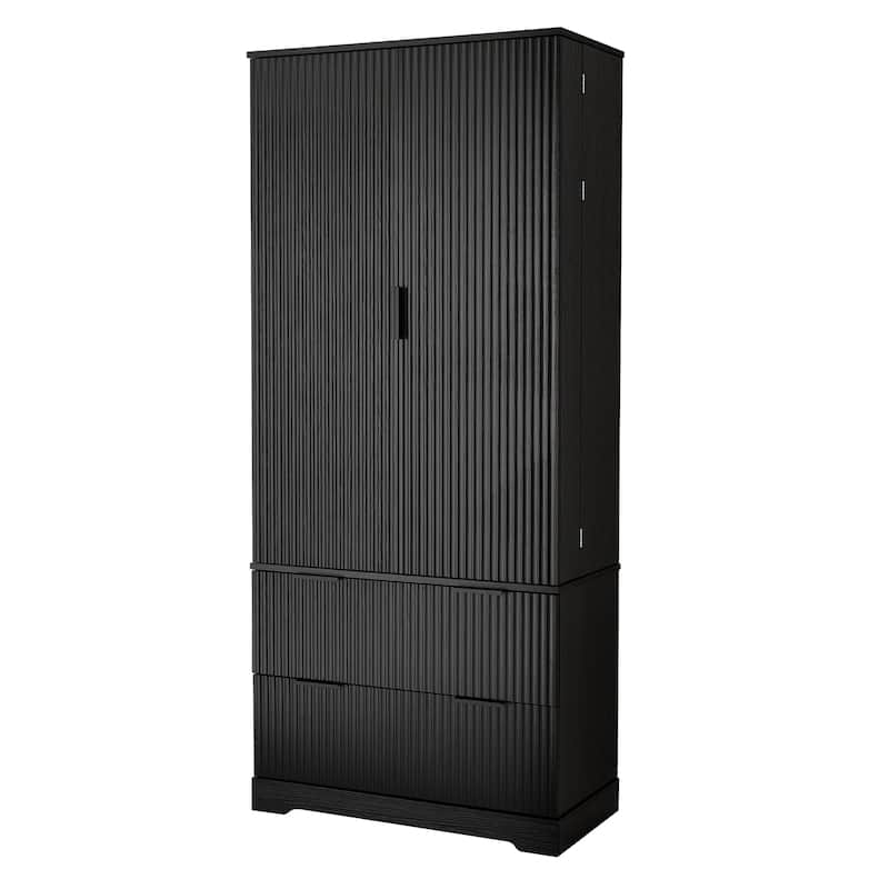 Fluted Kitchen Pantry Cabinet, 2 Doors Freestanding Kitchen Storage Cabinet with 2 Drawers, 8 Spice Racks & Adjustable Shelves