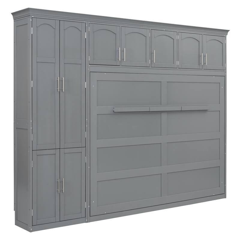 Space-Saving Queen Size Murphy Bed with Integrated Cabinets and Storage, Gray