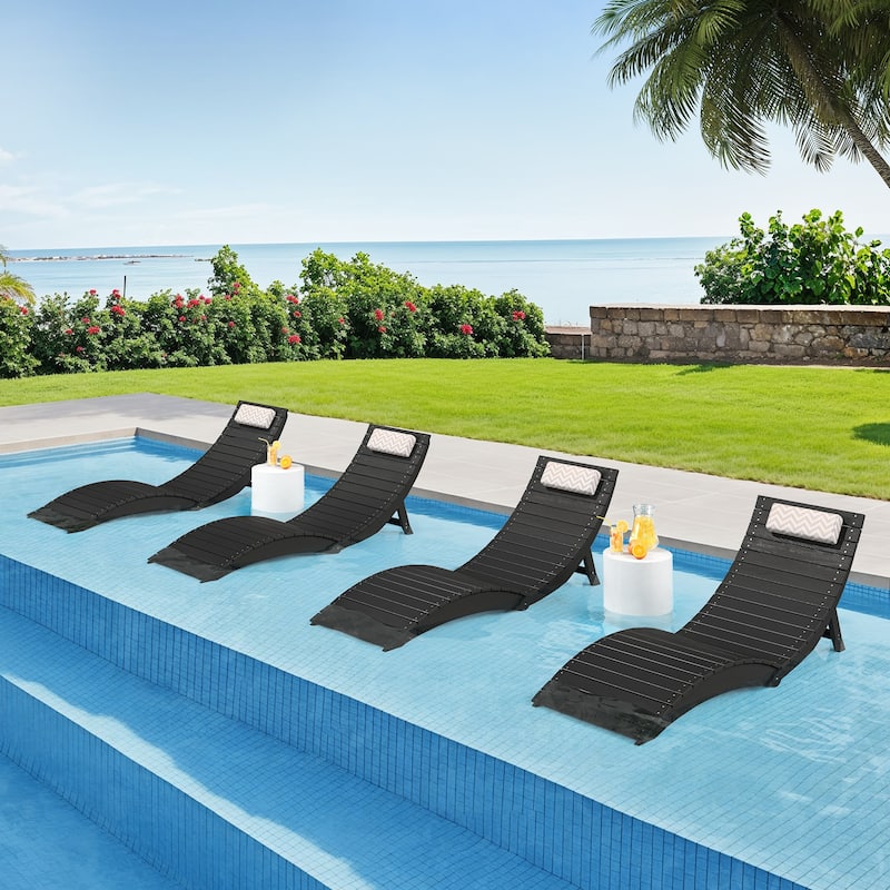 3-Piece Folding HDPS Plastic Outdoor Pool Chaise Lounges with Headrest Cushion - Black