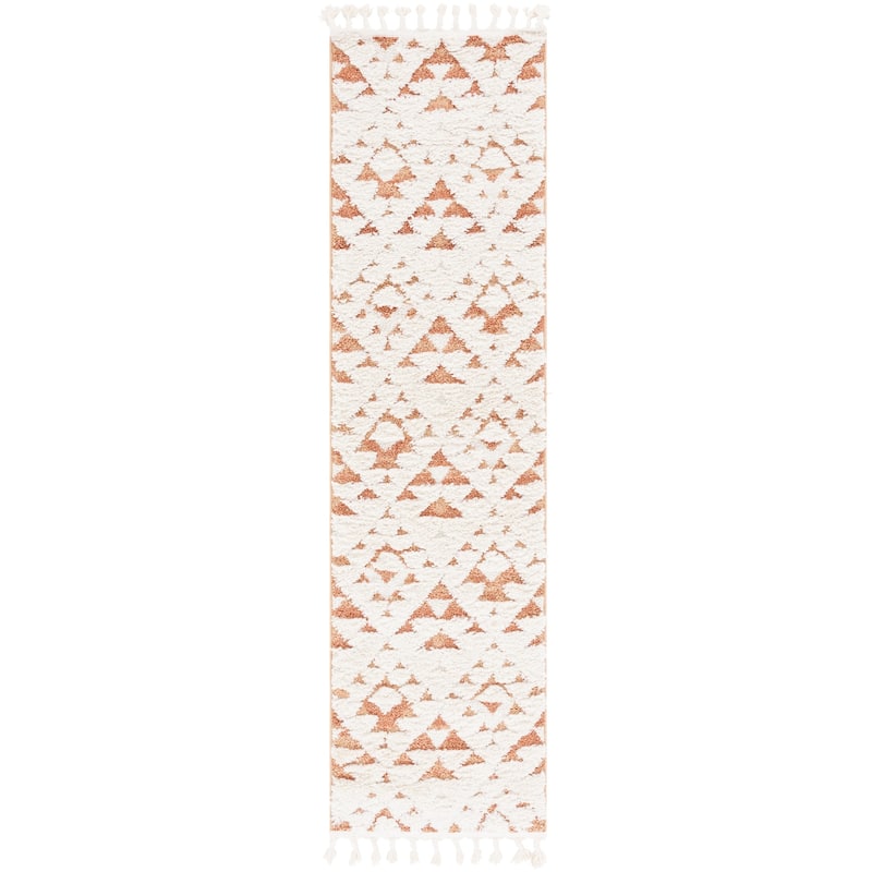 SAFAVIEH Moroccan Tassel Shag Kobi 2-inch Thick Rug - 2'3" x 8' Runner - Ivory/Brick Rust - Runner
