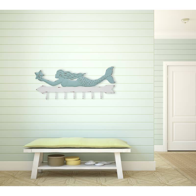 Aqua and White Metal Mermaid Wall Decor with 7 Hooks