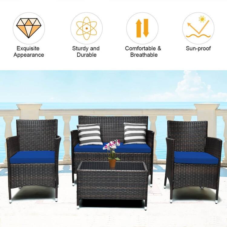 Rattan Patio Conversation Furniture Set with Glass Table and Comfortable Sofa - 4 Pcs