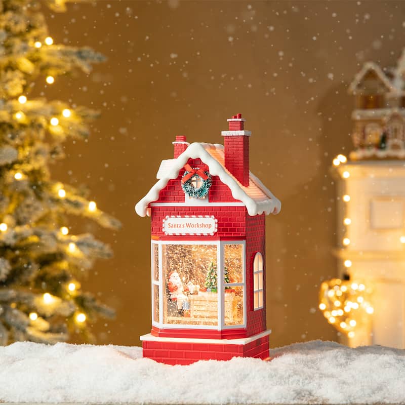 Glitzhome 10.5"H Lighted Swirling Snow Santa's Workshop Waterglobe - LED Snow Globe
