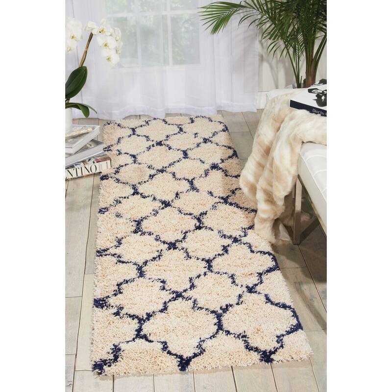 Nourison Amore Shag Area Rug - Ivory/Dark Blue - 2'2" x 7'6" Runner - Runner/Rectangle