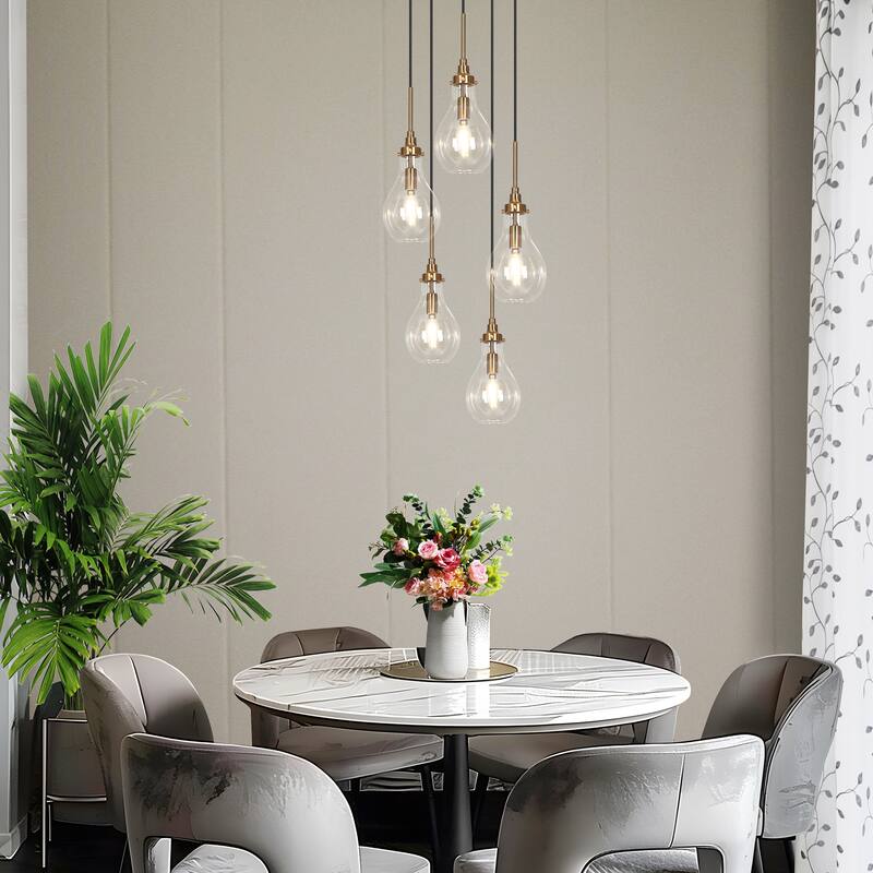 Synia Modern 5-Light Cluster Teardrop Glass Chandelier Stair Entryway Pendant Light for High Ceiling - D15'' x H18.2"-74.2''