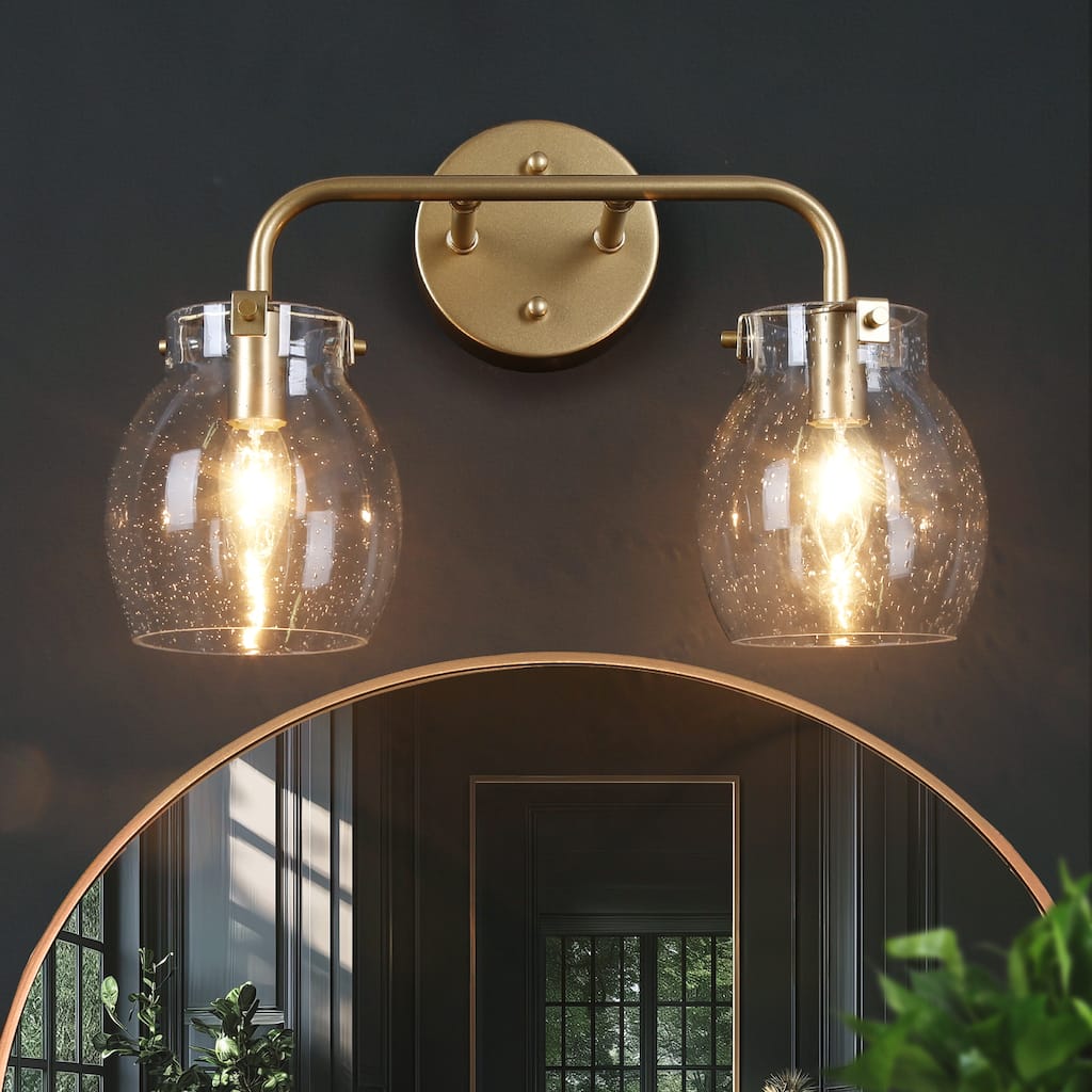 Modern 2-Light Gold Bathroom Vanity Lights Globe Wall Lighting with Seeded Glass - 14" L x 7" W x 10" H