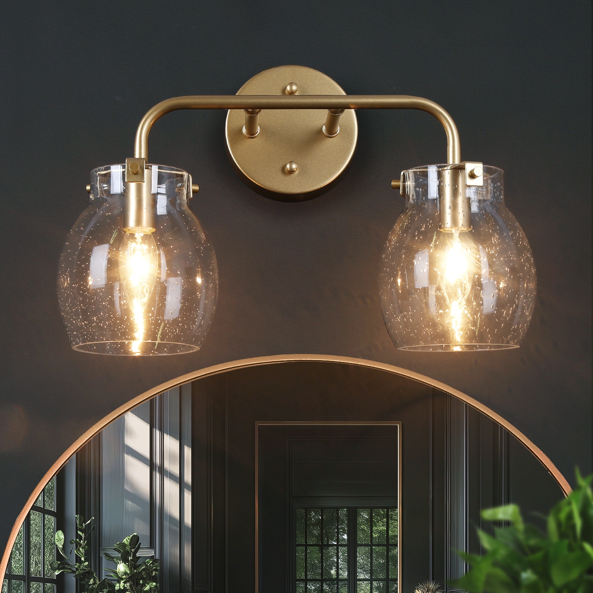 Modern 2-Light Gold Bathroom Vanity Lights Globe Wall Lighting with Seeded Glass - 14" L x 7" W x 10" H
