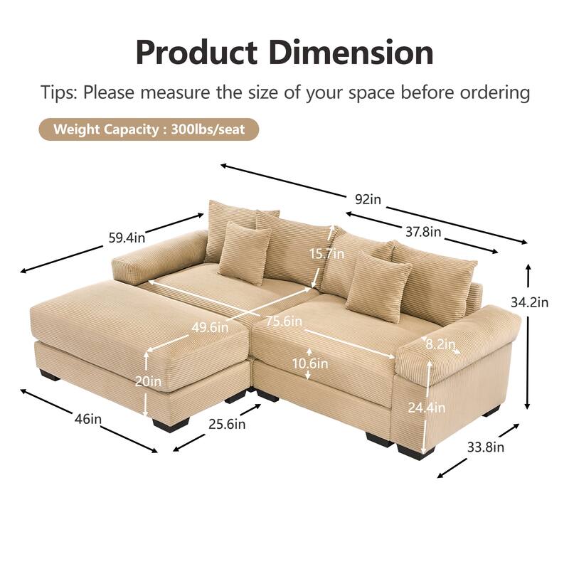 Roomfitters 82.6"/92" Modular L-Shape Sectional, Corduroy Cloud Couch with Ottoman & 6 Pillows