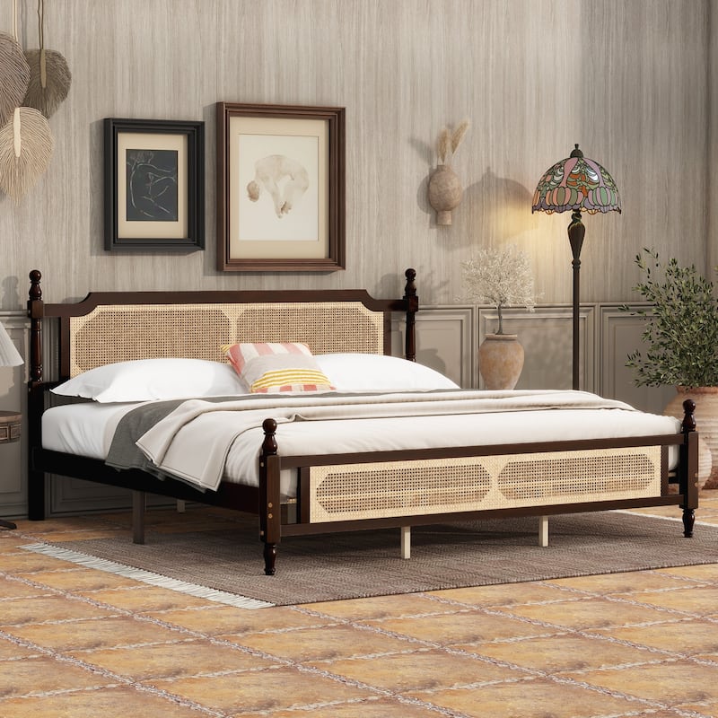 King Pine wooden Bed with Rattan Headboard and Footboard, with Central Enhanced Bed Platform