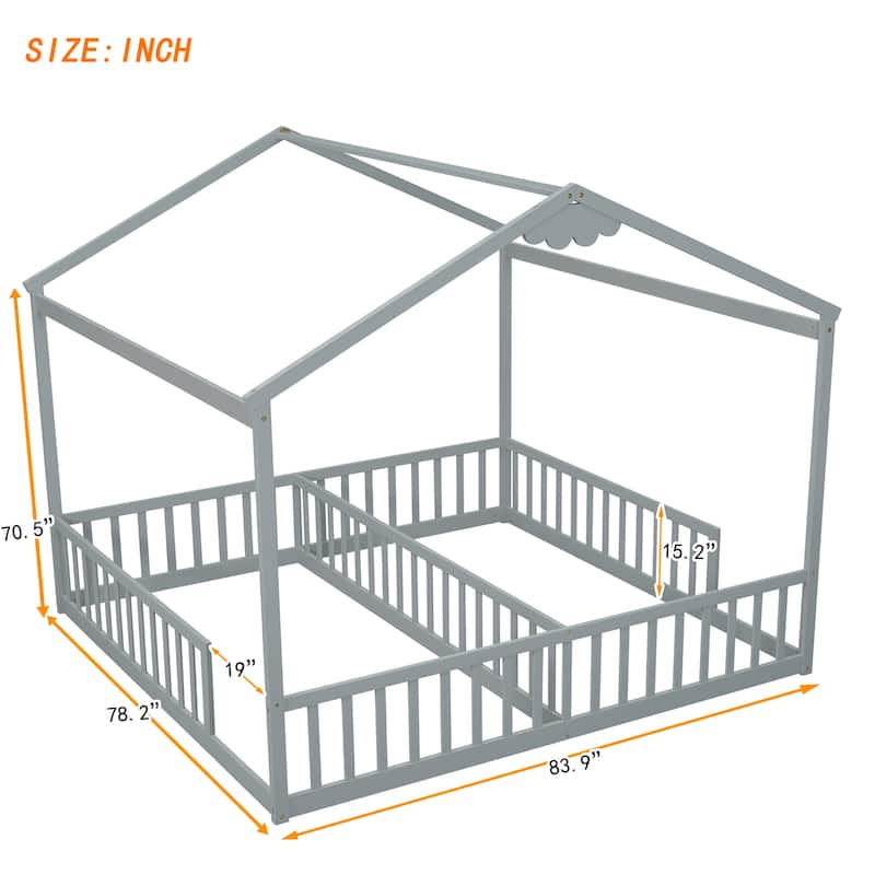 Double Twin House-Style Floor Bed with Fence, Guardrails, without door
