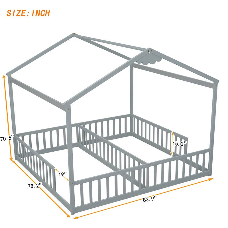Twin Size Pine Wood House-Style Floor Panel Bed with Fence and Guardrails - No Door Version