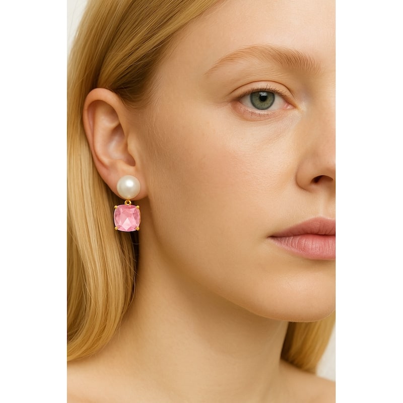 Pearl and Pink Crystal Drop Earring - 1" Long