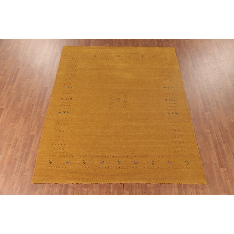 Tribal Gabbeh Area Rug Hand-Knotted Yellow Wool Carpet - 8'1"x 9'8"