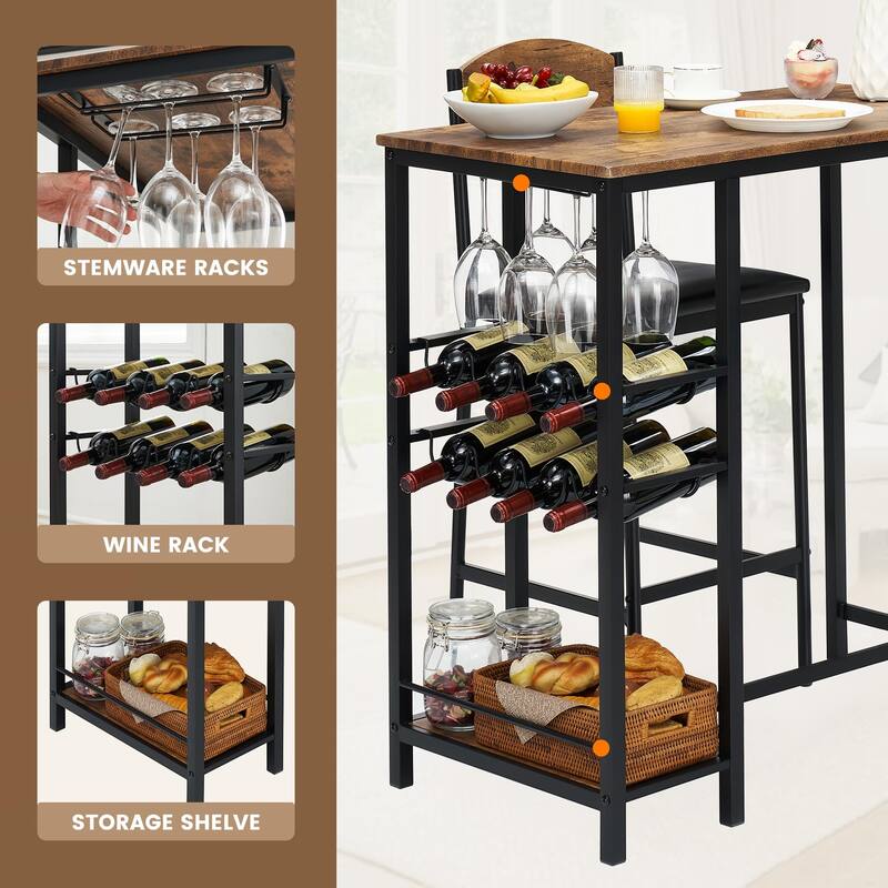 Bar Table Set of 2 with Footrest, Kitchen Dining Table with 2 Upholstered Chairs