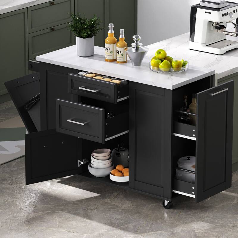 50.7" Kitchen Island with Storage Tilt Trash Can Cabinet and Pull Out Cabinet Organizer, Rolling Kitchen Island with Drop Leaf - Black