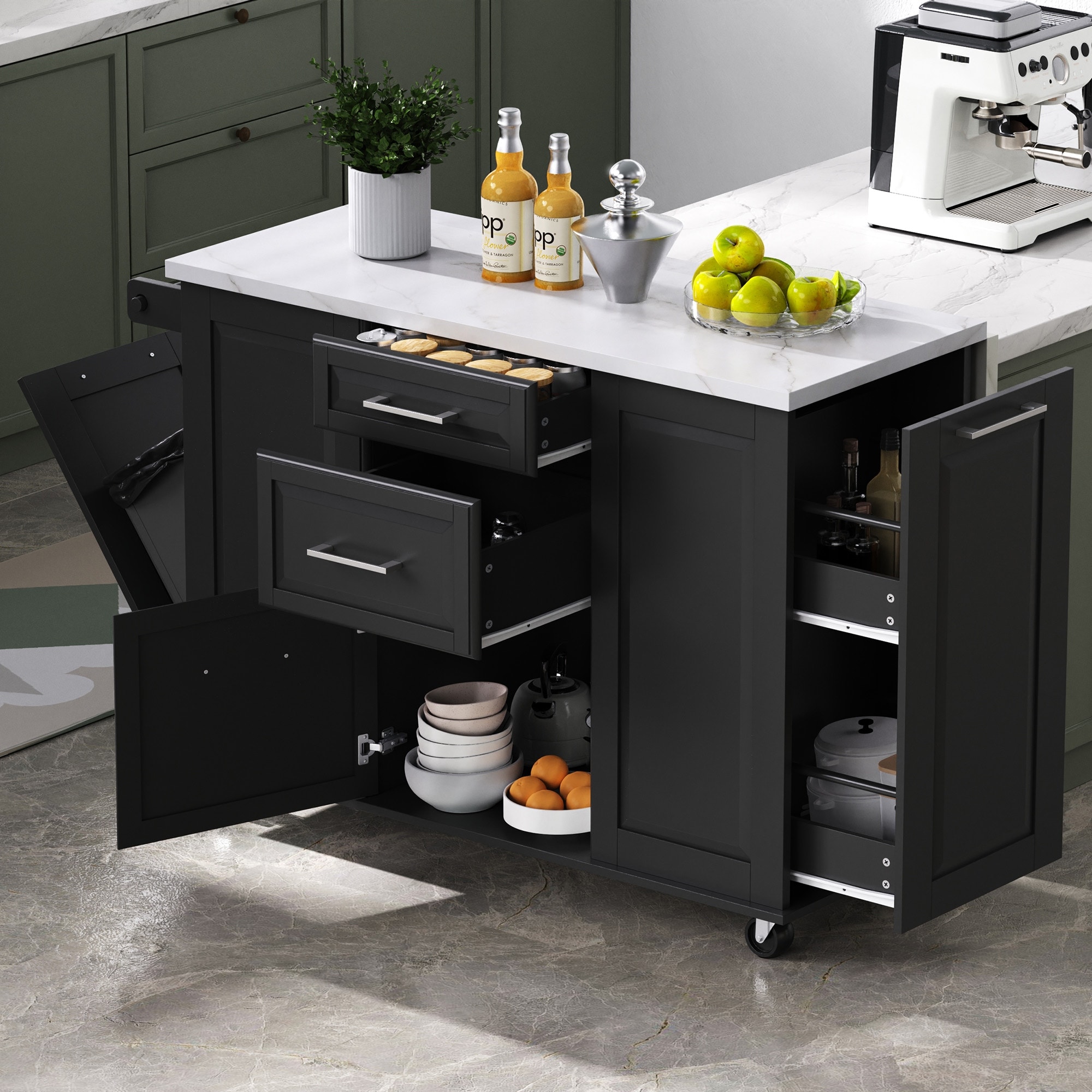 50.7" Kitchen Island with Storage and Tilt Trash Can Cabinet Organizer, Rolling Kitchen Island on 5 Wheels with Drop Leaf