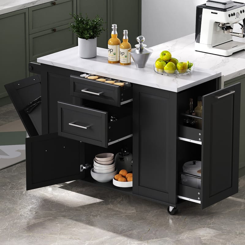 50.7" Rolling Kitchen Island - Drop Leaf, 2 Drawers, Tilt Trash Cabinet & Organizer on 5 Wheels