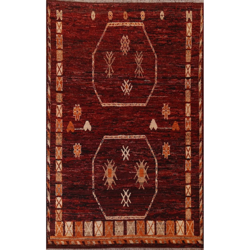 Hand Knotted Oriental 100% Wool Carpet Modern Tribal Red Moroccan Area Rug - 9' 10'' X 7' 0''
