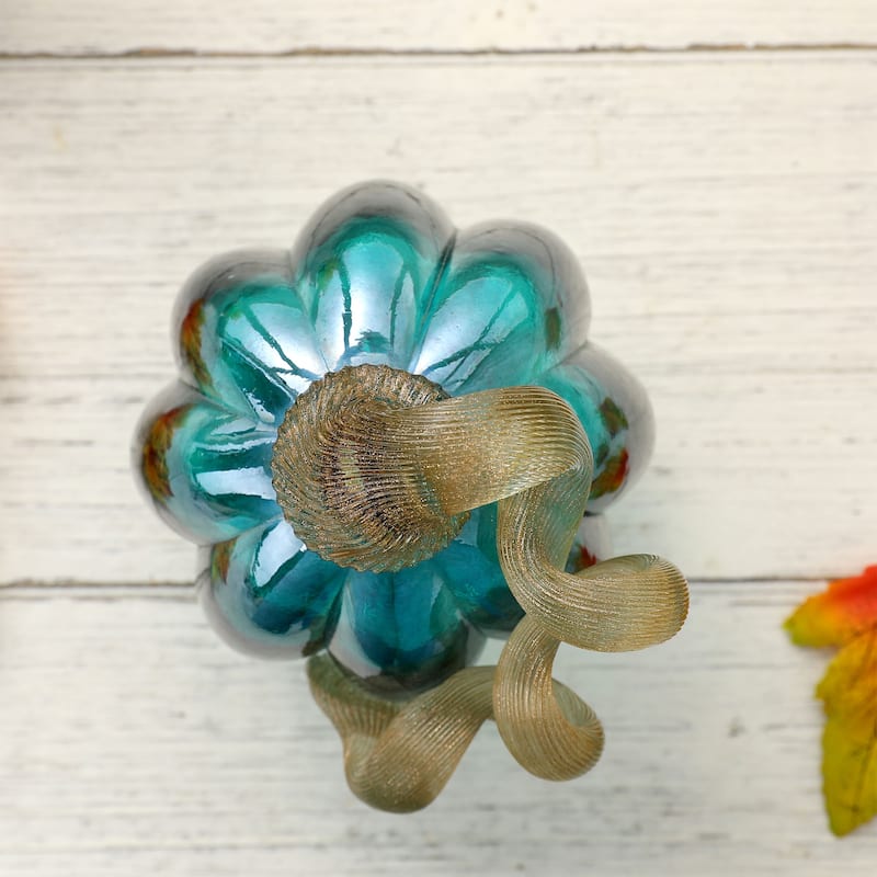 Glitzhome 6"H Fall Harvest Turquoise Crackle Glass Pumpkin Thanksgiving Decoration