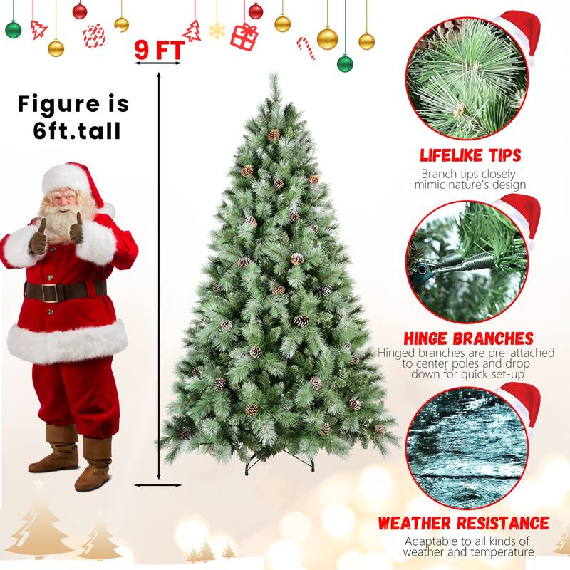 5FT Christmas Tree with 51 Pine Cones - 694 Tips, Mixed PVC & Hard Needle Branches, Hinged Structure,Metal Stand