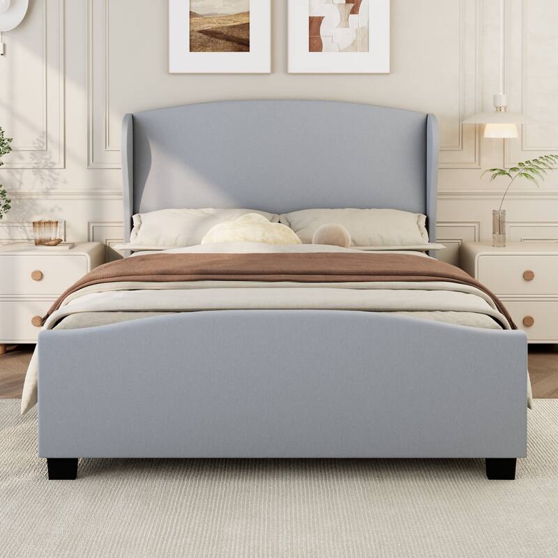 Roomfitters Full/Queen/King Size Upholstered Bed, Wingback Linen Frame, 51" High Headboard, No Box Spring Needed