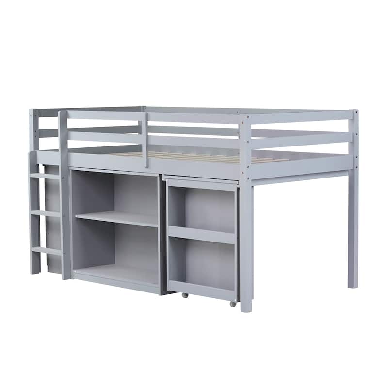 Twin Rubber Wood Loft Bed with Drawer Cabinet, Shelf,Pulling -Out Desk