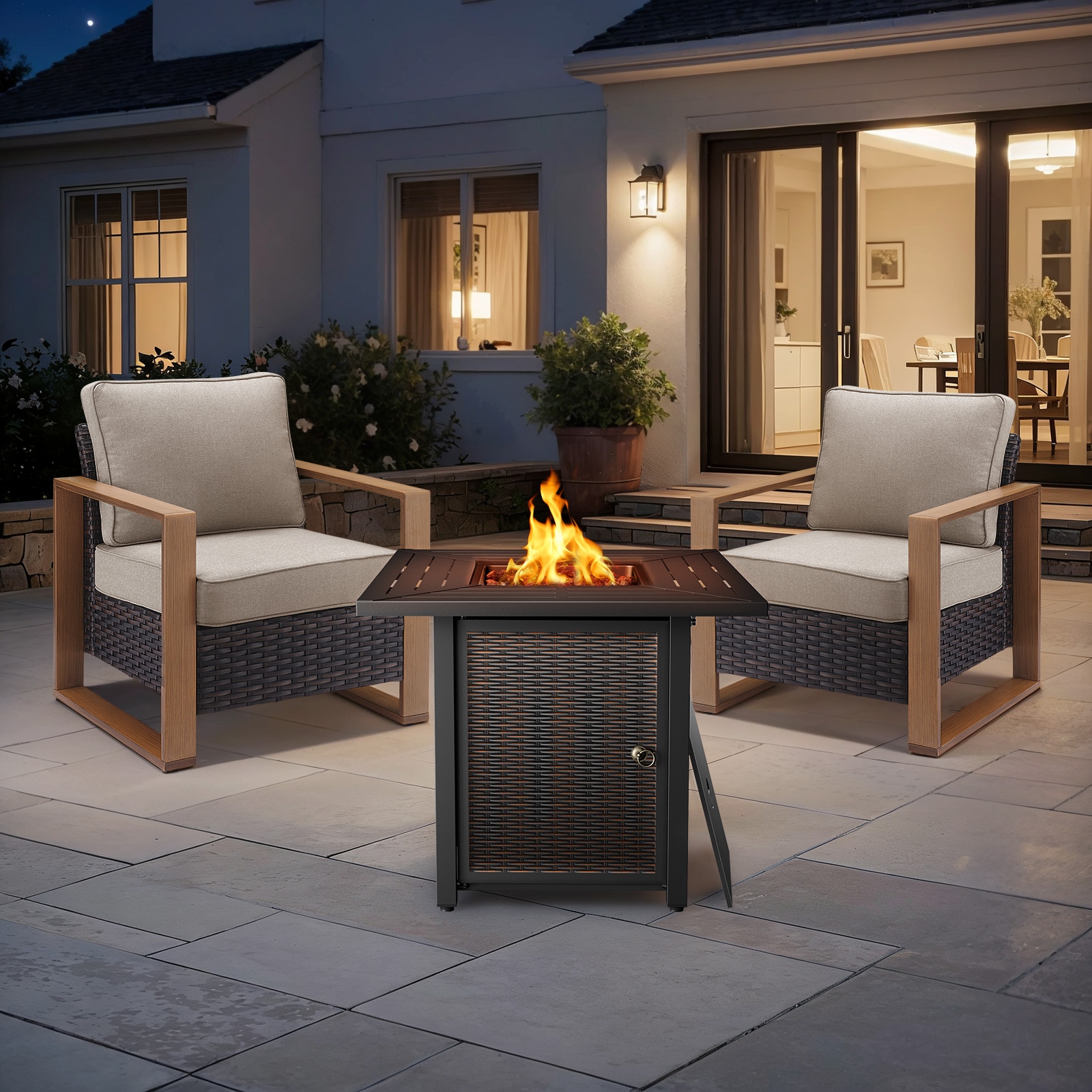 Meyreso 3-Piece Wicker Patio Conversation Set with Metal Fire Pit & Plush 4.5" Olefin Cushions - Brown Wicker - Beige Cushions