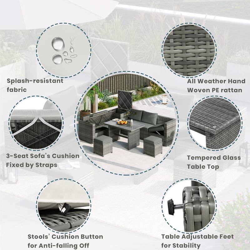 6PCS Outdoor Patio Wicker Rattan Sectional Set with Storage Box and Tempered Glass Top Table
