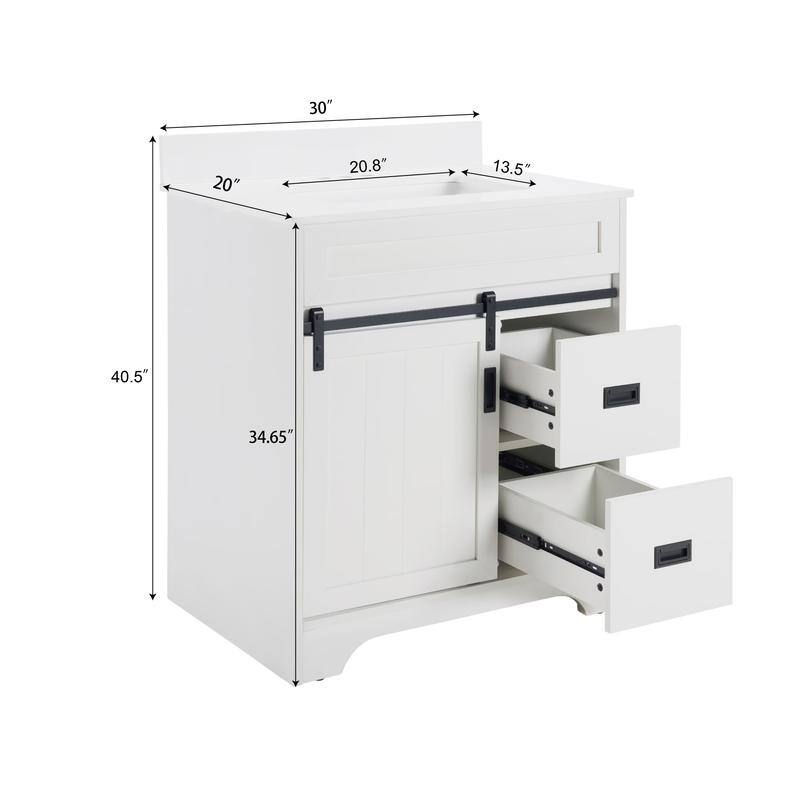 Freestanding White Farmhouse Bathroom Vanity Featuring A Single Undermount Sink Combo,Sliding Barn Doors,And Two Storage Drawers