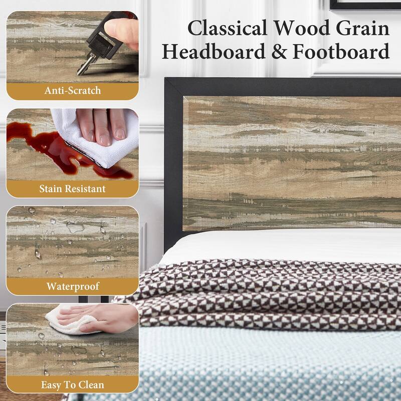 VECELO Platform Bed Frame with Wooden Headboard Heavy Duty Steel Slats Support No Box Spring Needed