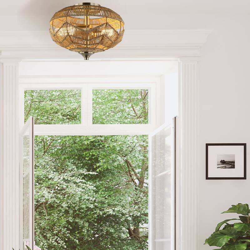 Cassian River of Goods Brushed Gold Ceiling Light with Rope Shade - Gold with Tan Rope Shade