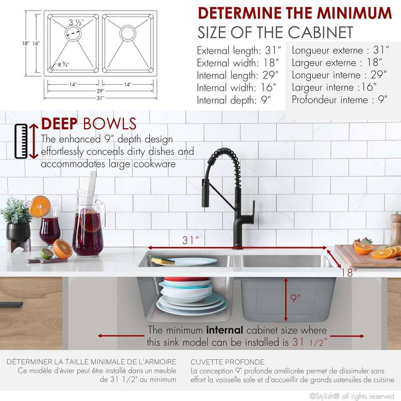 STYLISH Toledo DualMount 31" Stainless Steel Double-Bowl Kitchen Sink with Strainers - 31" x 18" x 9"