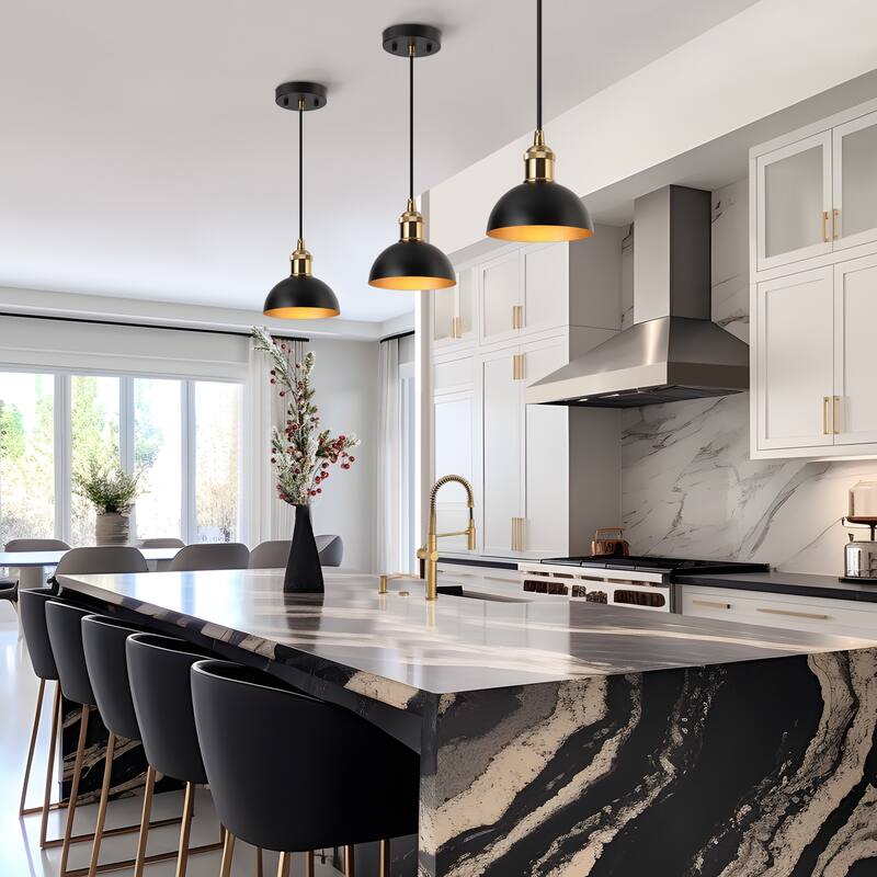 Modern Industrial 1-Light (6 Inch) Dome Black Gold Metal Pendant Light for Kitchen Island - 6" D x 6'' H