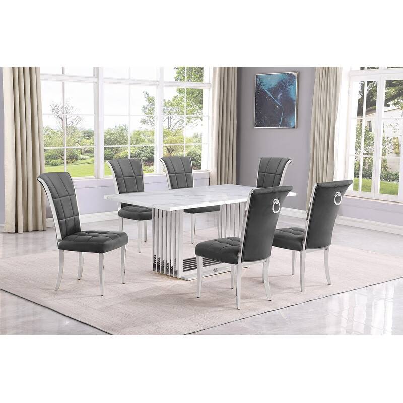 Best Quality Furniture D310/1-SC320-7 Dining Set with 68" White Marble Top - 7-Piece - Dark Grey / Silver