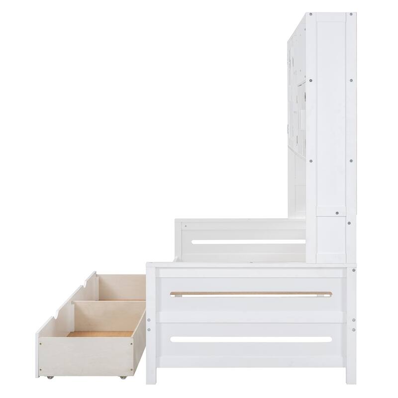 Contemporary Twin/Full Size Wooden Daybed with 2 Storage Drawers, Cabinet, and Shelf - Solid Wood Slats