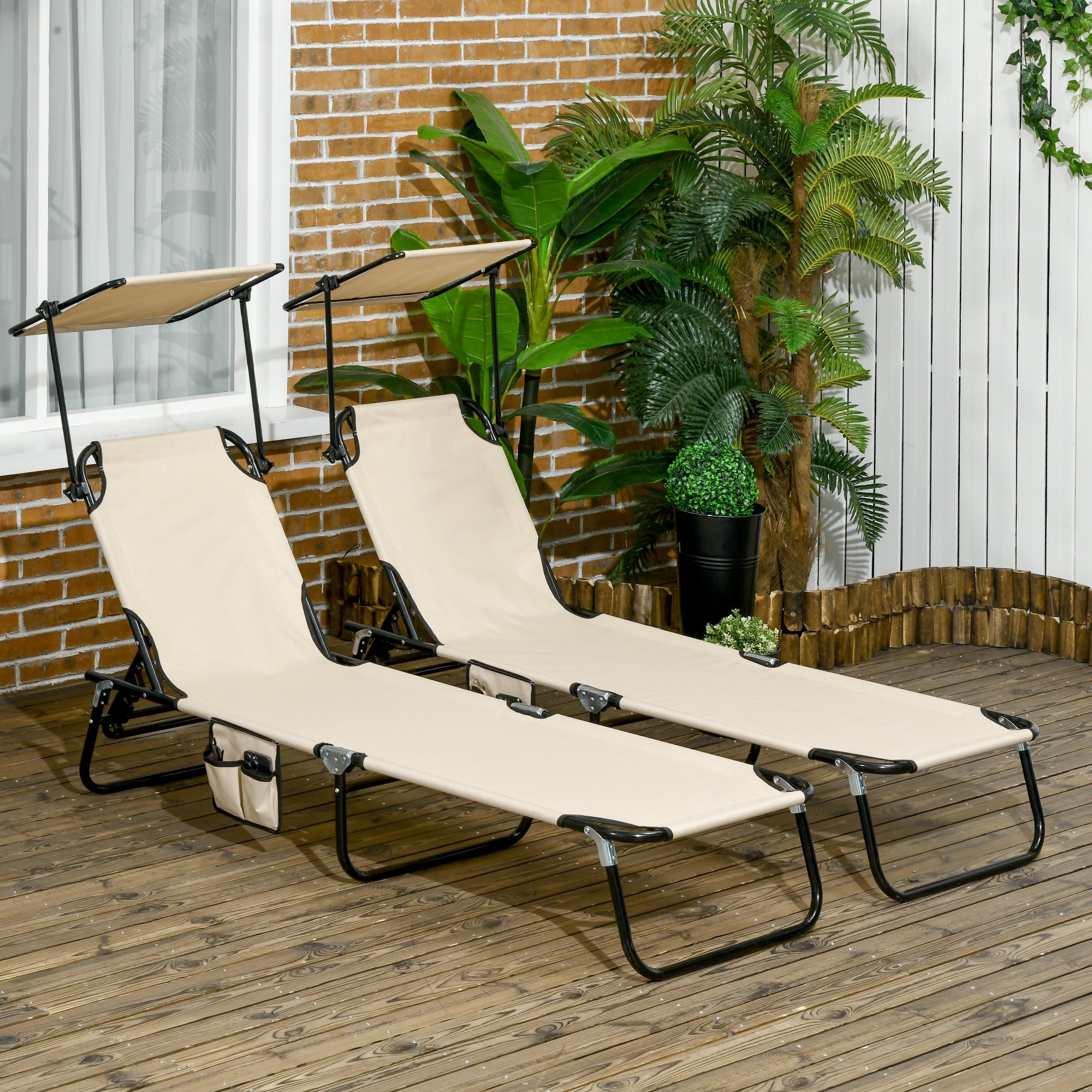 2-Piece Foldable Lounge Pool Chairs with Side Pocket, Outdoor Sun Tanning Chairs with Canopy Shade & Reclining Backrest