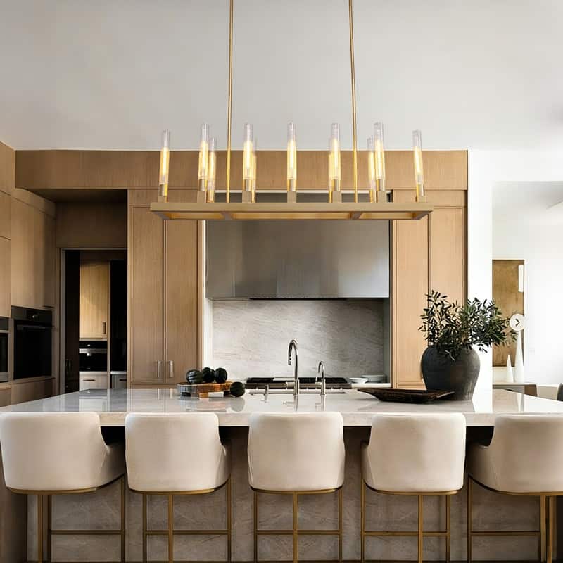 54'' Gold Farmhouse Rectangular Chandelier 12-Light Kitchen Island Lighting with Glass Tube Shades for Living Room & Foyer - N/A