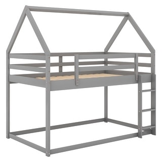 Modern Wood Bunk Beds Twin Size, Twin over Twin House Bed with Built-in Ladder, Montessori Floor Bunk Bed Frame with Guardrail