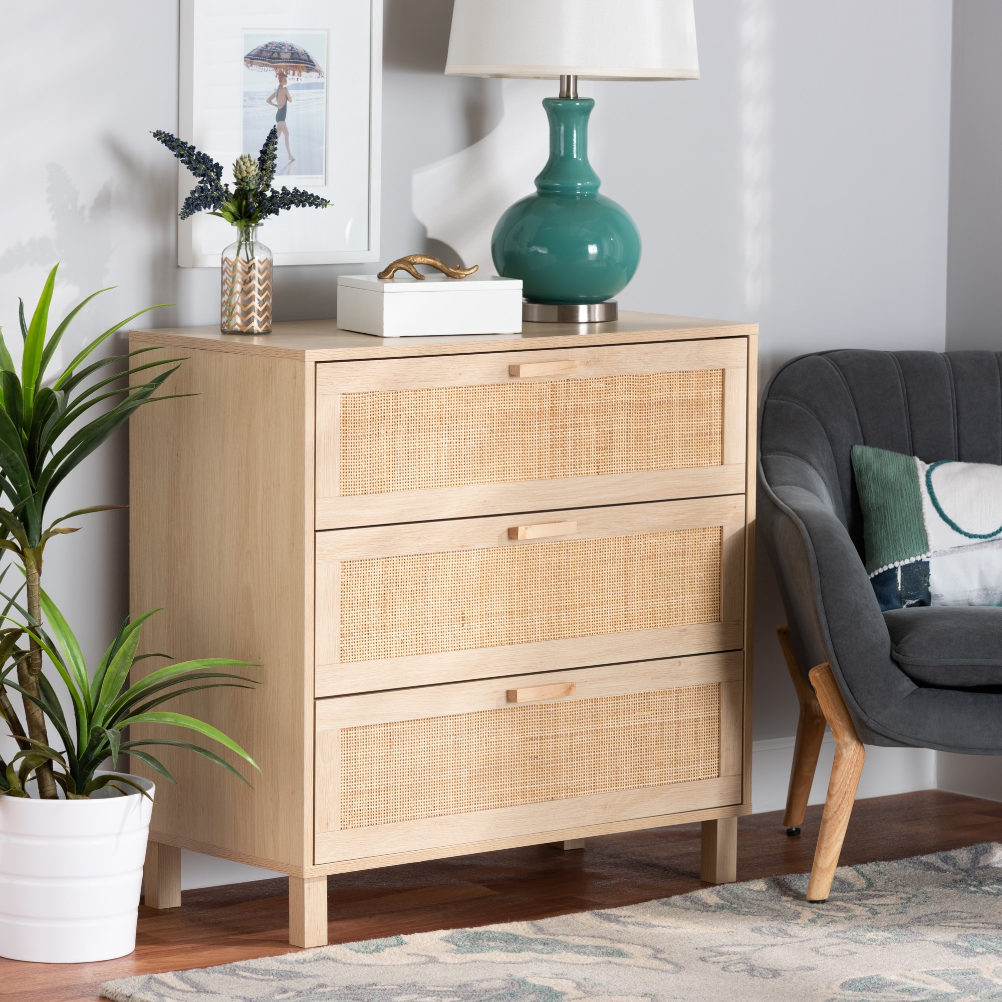 Sebille Mid-Century Modern Light Brown Finished Wood 3-Drawer Storage Cabinet with Natural Rattan