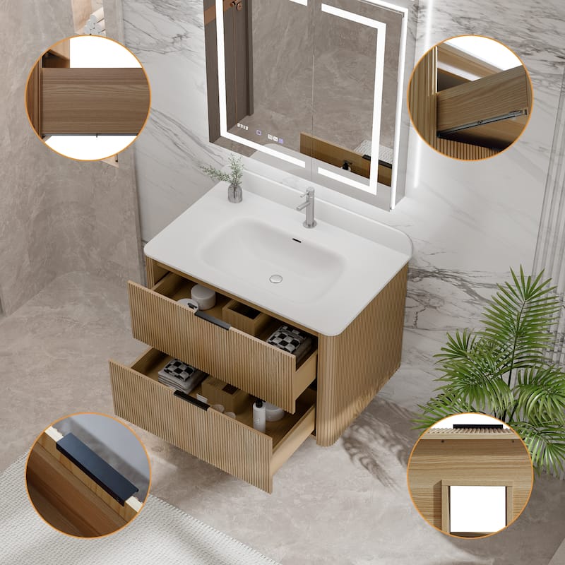 Modland Fluted Floating Vanity with Sink, Plywood Wall Mount Cabinet, Curved Edge, 24/30/36 Inch