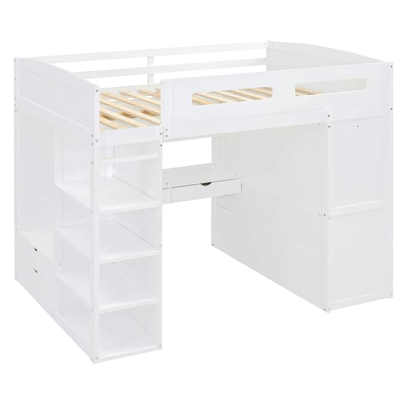 Full/Twin Size Loft Bed with Desk, Wardrobes, 4 Drawers and 4 Shelves