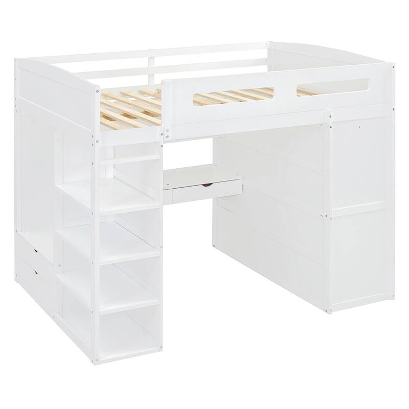 Twin/Full Size Loft Bed with Bulit-in Wardrobes, Desk and 4 Drawers, Solid Wood Loft Bedframe with 4-Tier Storage Shelves