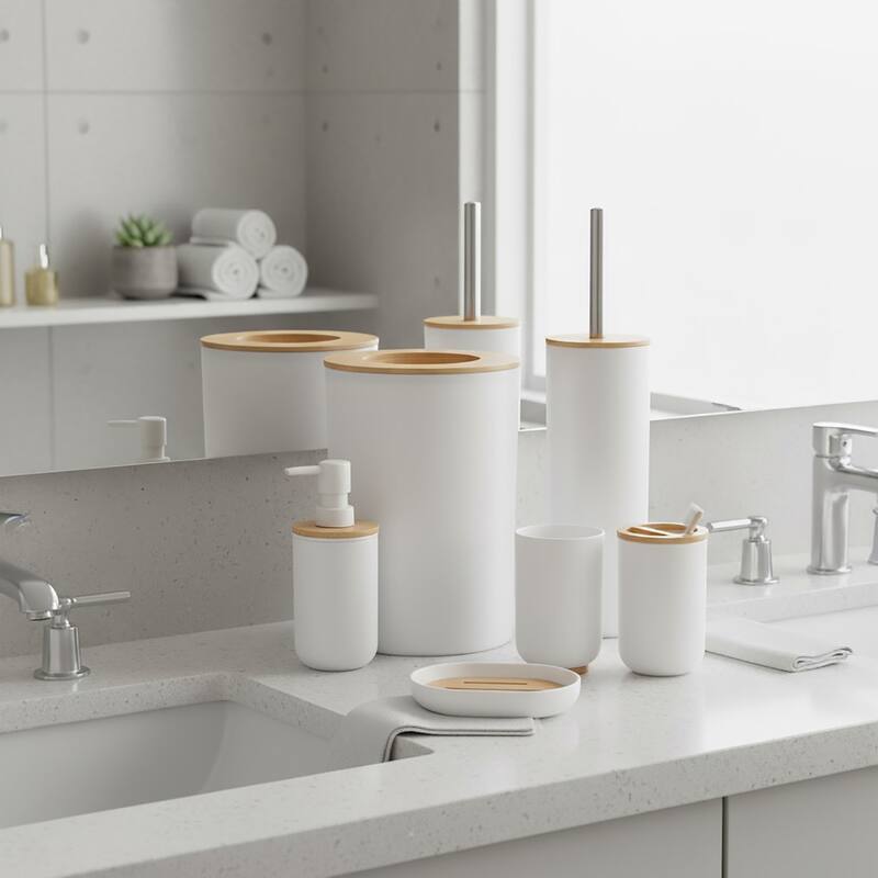 White Padang Bathroom Accessory Set 6-Pieces Bamboo - White/Bamboo