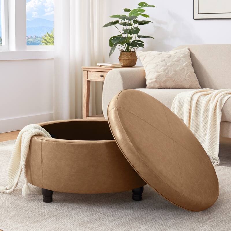 Faux Leather Round Storage Ottoman