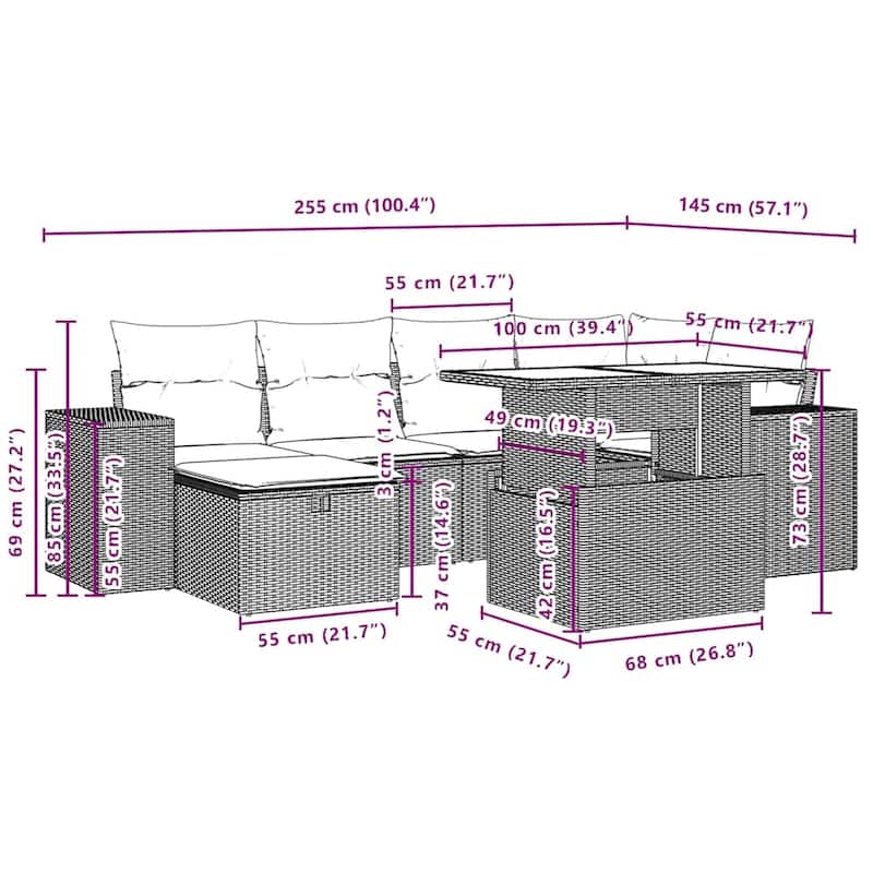 vidaXL Patio Sofa Set with Cushions Outdoor Furniture 7 Piece Poly Rattan