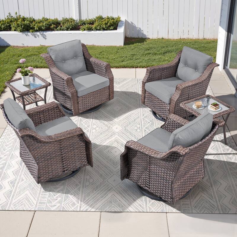 Pocassy Outdoor Swivel Chair Glider Chair with Side Table - Brown Wicker Blue Cushion - 6-Piece Swivel Chair with Side Table